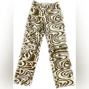 High Waisted White and Brown Disco Swirly Mom Jeans